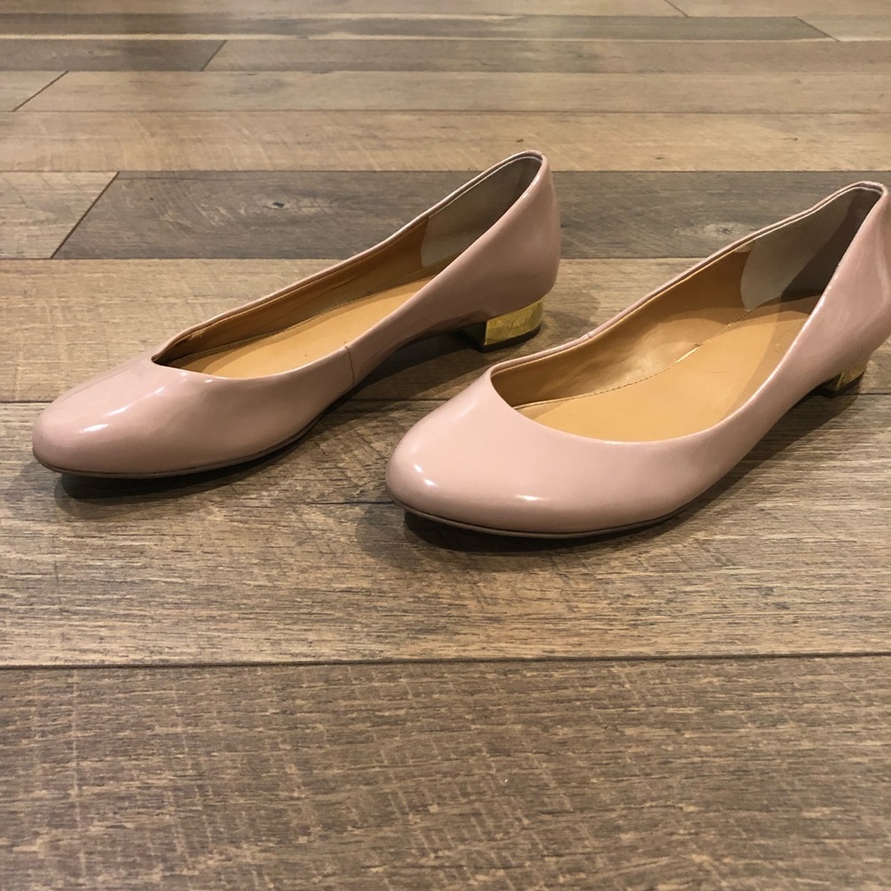 J. Crew Factory Blush Pink Patent Leather Low Heel Flats with Gold Accent